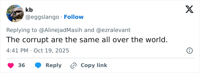 Tweet text stating The corrupt are the same all over the world, part of discussion on risqu&eacute; wedding dress of Iranian politician&rsquo;s daughter.