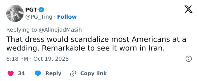 Screenshot of a tweet discussing the risqu&eacute; wedding dress of an Iranian politician's daughter amid headscarf surveillance.