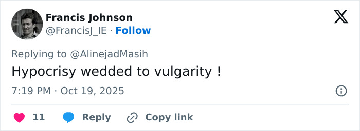 Screenshot of a social media post criticizing a risqu&eacute; wedding dress of Iranian politician's daughter amid headscarf surveillance debate.