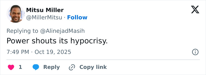 Tweet by Mitsu Miller reacting to hypocrisy, related to risqu&eacute; wedding dress controversy of Iranian politician's daughter.