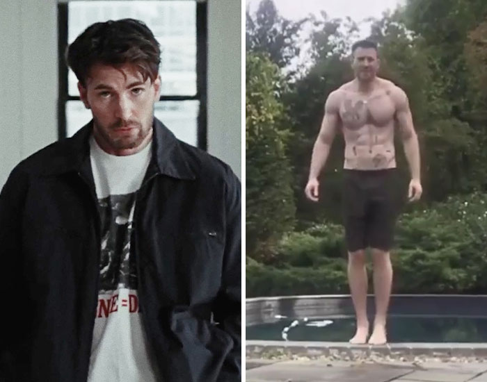 Man with tattoos on his chest standing outdoors and another man wearing a jacket indoors in a casual setting.