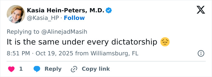 Tweet by Kasia Hein-Peters, M.D. expressing frustration about dictatorship, replying to discussion on Iranian politician's daughter wedding dress controversy.