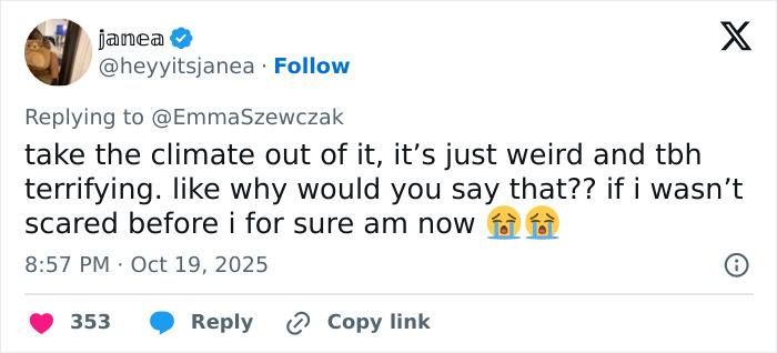 Tweet from Janea reacting to a tone-deaf anniversary post by Kristen Bell about Dax Shepard, expressing fear and confusion. Tweet from Janea reacting to a tone-deaf anniversary post by Kristen Bell about Dax Shepard, expressing fear and confusion.
