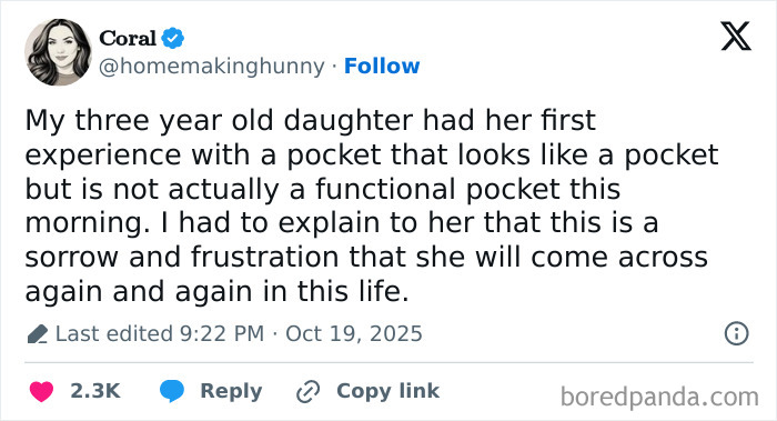 Tweet from a parent humorously describing her three-year-old's first experience with a non-functional pocket, sharing parenting humor.