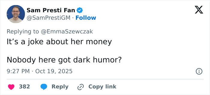 Tweet from user Sam Presti Fan discussing dark humor in response to Kristen Bell’s tone-deaf anniversary post about Dax Shepard. Tweet from user Sam Presti Fan discussing dark humor in response to Kristen Bell’s tone-deaf anniversary post about Dax Shepard.