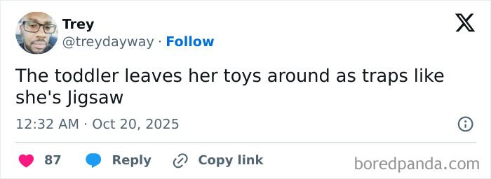 Tweet from a parent humorously comparing toddler's scattered toys to Jigsaw traps, reflecting the struggles of parenting in October.