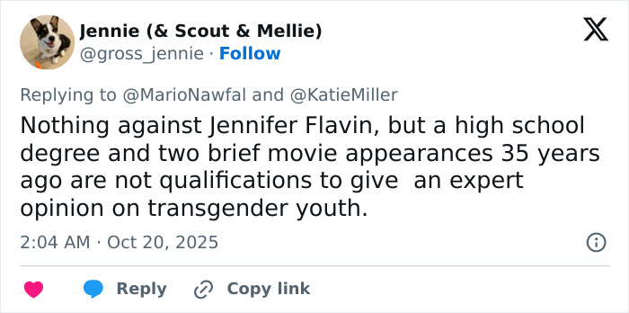 Tweet criticizing Jennifer Flavin's remarks on transgender youth, sparking discussion about trans nepo babies in Hollywood.