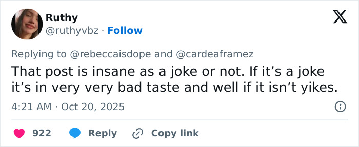 Screenshot of a social media reply criticizing Kristen Bell's controversial triggering anniversary post that sparked backlash.