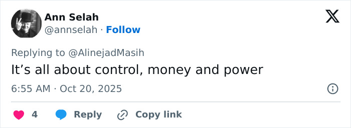 Tweet by Ann Selah criticizing control and power, related to risqu&eacute; wedding dress of Iranian politician's daughter controversy.