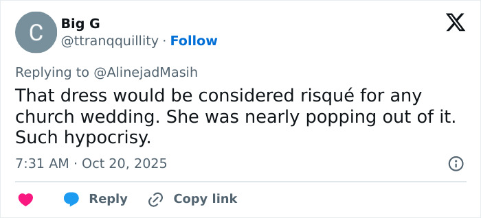 Tweet criticizing the risqu&eacute; wedding dress of Iranian politician&rsquo;s daughter amid headscarf surveillance controversy.