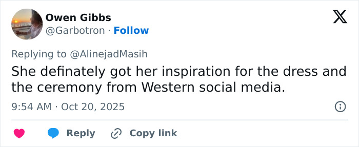 Tweet criticizing the risqu&eacute; wedding dress of Iranian politician's daughter, linking it to Western social media influences.