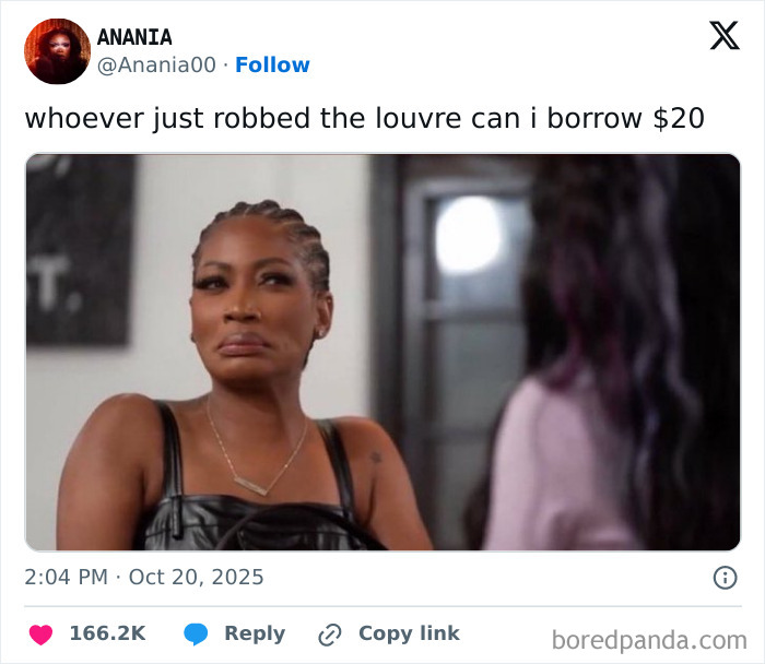 Tweet screenshot featuring a woman making a skeptical face, referencing the Louvre robbery in a humorous meme.