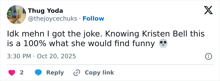 Tweet from Thug Yoda commenting on Kristen Bell&rsquo;s humor in relation to triggering anniversary post backlash.