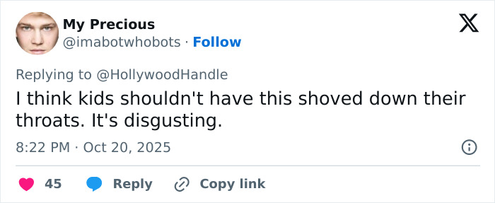 Screenshot of a social media reply criticizing disgusting heterosexual breeding propaganda in a new Disney film backlash. Screenshot of a social media reply criticizing disgusting heterosexual breeding propaganda in a new Disney film backlash.