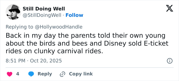 Tweet discussing Disney and backlash over heterosexual breeding propaganda in new film, referencing birds and bees and carnival rides. Tweet discussing Disney and backlash over heterosexual breeding propaganda in new film, referencing birds and bees and carnival rides.