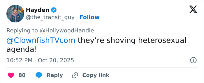 Tweet from user Hayden criticizing new Disney film for shoving heterosexual breeding propaganda, sparking online backlash. Tweet from user Hayden criticizing new Disney film for shoving heterosexual breeding propaganda, sparking online backlash.