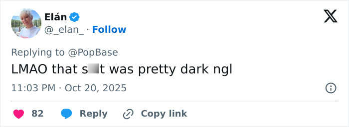 Screenshot of a Twitter reply by Elán reacting to a PopBase tweet with a casual, humorous tone. Screenshot of a Twitter reply by Elán reacting to a PopBase tweet with a casual, humorous tone.