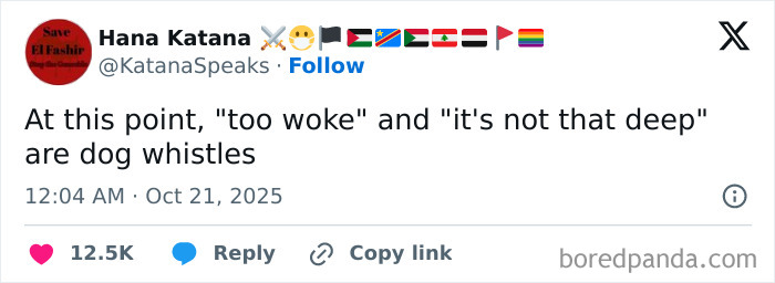 Screenshot of a tweet commenting on “too woke” and “it's not that deep” as dog whistles, reflecting dystopic societal views.