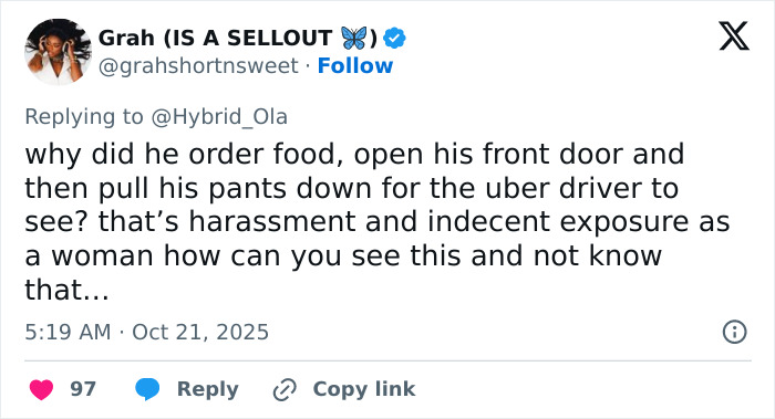 Screenshot of a tweet debating harassment and indecent exposure involving a woman fired for exposing a customer with no underwear. Screenshot of a tweet debating harassment and indecent exposure involving a woman fired for exposing a customer with no underwear.