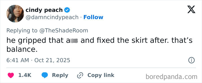 Tweet by cindy peach reacting to Simone Biles and Jonathan Owens PDA video, discussing respect and public response.