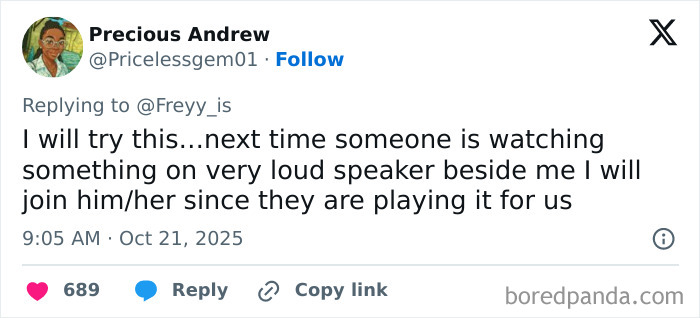 Tweet by Precious Andrew responding to speakerphone user story, sharing plans to join loud speaker listener next time. Tweet by Precious Andrew responding to speakerphone user story, sharing plans to join loud speaker listener next time.