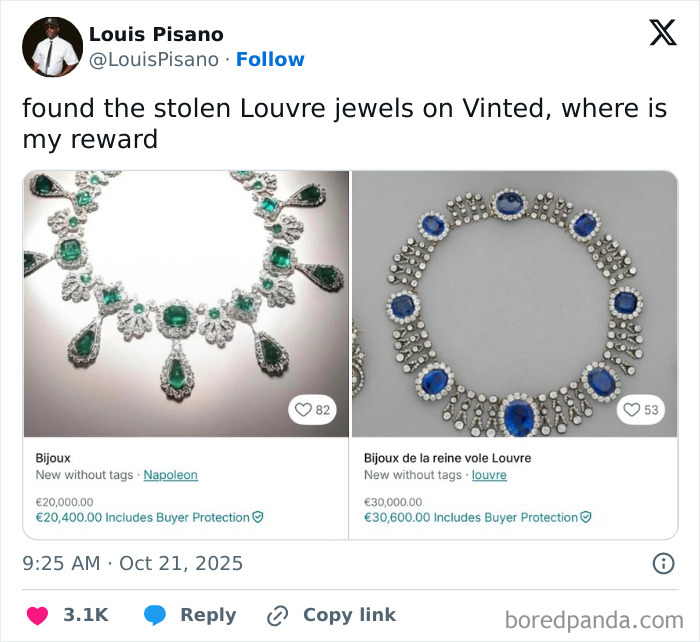 Tweet showing two necklaces allegedly related to the Louvre robbery, sparking memes and public buzz online.