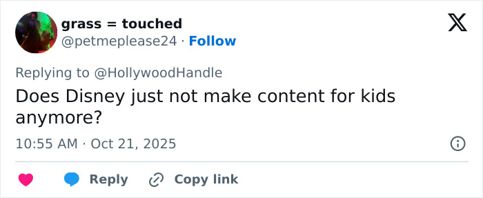 User tweet questioning if Disney still makes content for kids amid backlash over heterosexual breeding propaganda in new film. User tweet questioning if Disney still makes content for kids amid backlash over heterosexual breeding propaganda in new film.