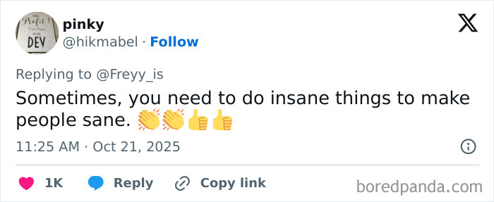 Tweet from user pinky replying to a speakerphone user story, praising doing insane things to make people sane. Tweet from user pinky replying to a speakerphone user story, praising doing insane things to make people sane.