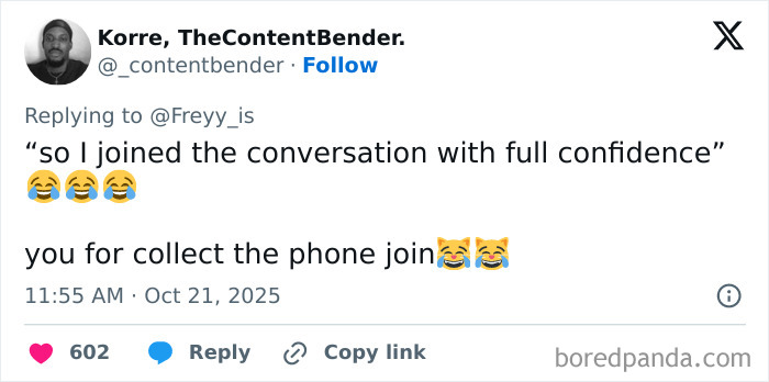 Tweet text laughing about joining conversation confidently and shutting down speakerphone user, with others sharing stories. Tweet text laughing about joining conversation confidently and shutting down speakerphone user, with others sharing stories.