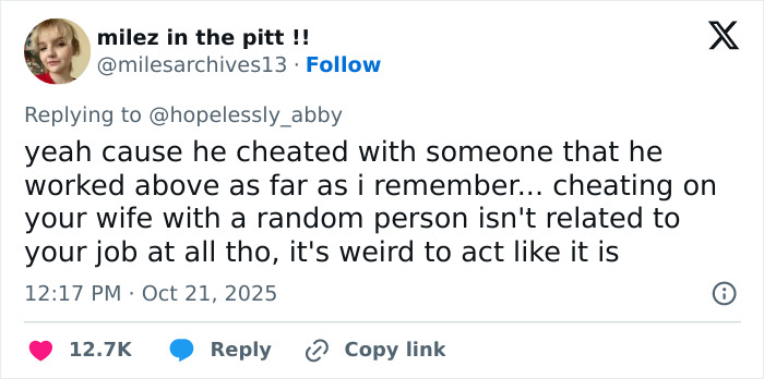 Online fan debate over whether David Harbour deserves to be fired for cheating after Lily Allen&rsquo;s confession shown in tweet screenshot.