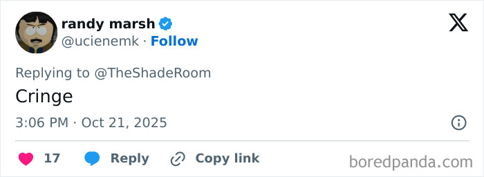 Twitter post by Randy Marsh replying to TheShadeRoom with the word cringe, related to Simone Biles and Jonathan Owens PDA video backlash.