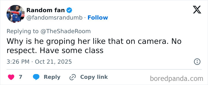 Tweet criticizing PDA between Simone Biles and Jonathan Owens, calling it disrespectful and lacking class on social media.