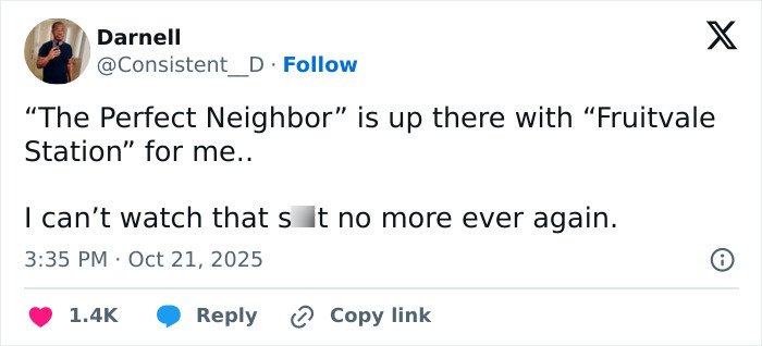Screenshot of a Twitter post reacting emotionally to Netflix&rsquo;s The Perfect Neighbor, highlighting its disturbing true story.