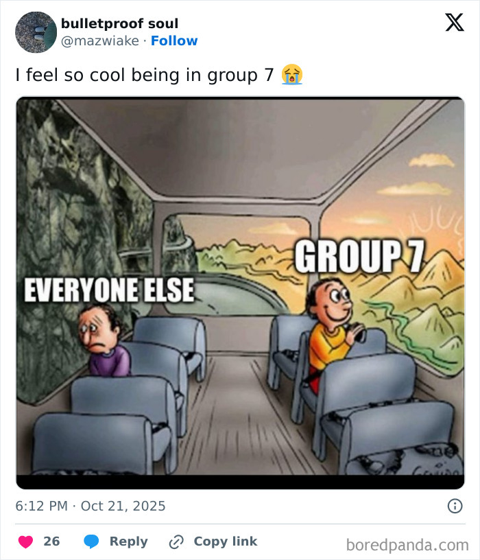 Cartoon showing Group 7 enjoying a bright scenic bus view while everyone else faces a dark rocky wall, symbolizing the viral TikTok trend.