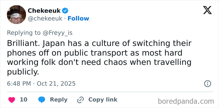 Twitter user discussing culture of turning phones off on public transport to avoid chaos, related to shutting down speakerphone users. Twitter user discussing culture of turning phones off on public transport to avoid chaos, related to shutting down speakerphone users.