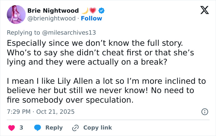 Tweet discussing fan opinions about David Harbour and cheating allegations linked to Lily Allen&rsquo;s confession amid calls for firing.
