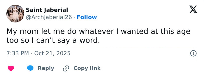 Tweet on a social media platform discussing freedom allowed by a parent, posted at 7:33 PM on October 21, 2025.