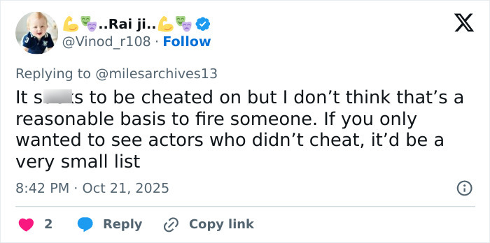 Tweet discussing opinions on whether David Harbour deserves to be fired for cheating following Lily Allen&rsquo;s confession online debate.