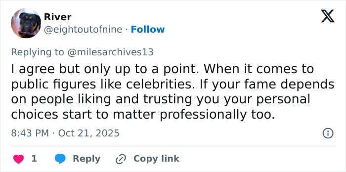 Screenshot of a Twitter reply discussing public figures and whether David Harbour deserves to be fired for cheating.
