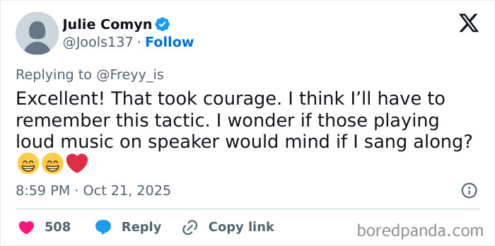 Tweet by Julie Comyn praising a savage shutdown of a speakerphone user, with others sharing similar speakerphone stories. Tweet by Julie Comyn praising a savage shutdown of a speakerphone user, with others sharing similar speakerphone stories.