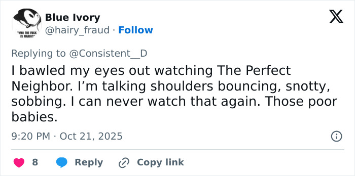 Tweet expressing a gut-wrenching reaction to Netflix&rsquo;s The Perfect Neighbor and its disturbing true story.