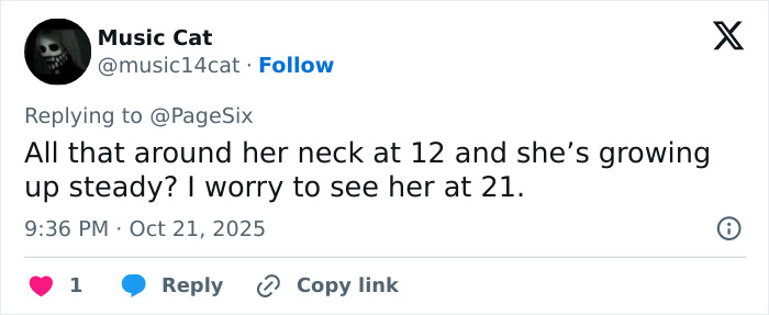 Tweet expressing concern about a young girl growing up with fake face tattoos, piercings, and grills at age 12.