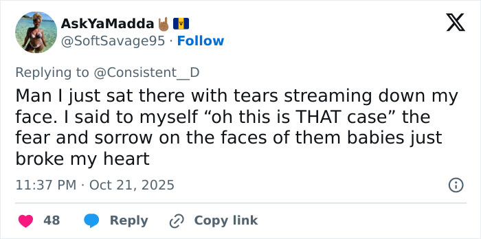 Tweet expressing emotional reaction with tears streaming down face over Netflix&rsquo;s The Perfect Neighbor disturbing true story.
