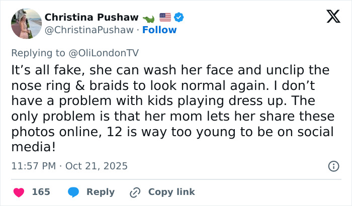 Tweet from Christina Pushaw discussing fake face tattoos, piercings, and grills on North West and concerns about social media use.