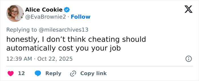 Twitter reply from user Alice Cookie debating if David Harbour deserves to be fired for cheating after Lily Allen confession.