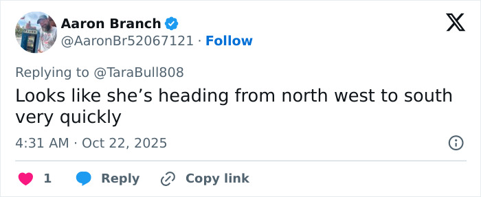 Tweet from Aaron Branch commenting on North West, mentioning direction from north west to south quickly.