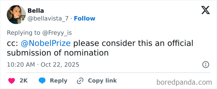 Twitter user Bella replies officially nominating for Nobel Prize in a post about speakerphone user stories and shutdowns. Twitter user Bella replies officially nominating for Nobel Prize in a post about speakerphone user stories and shutdowns.