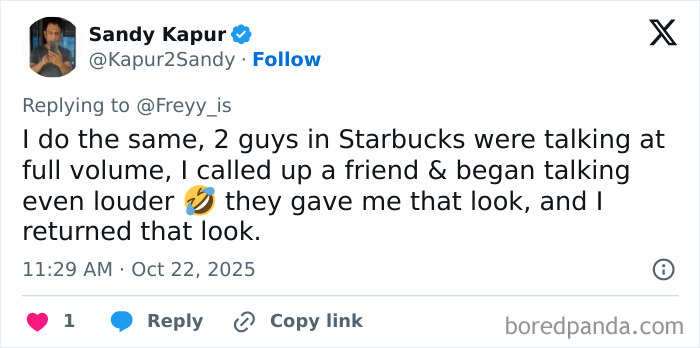 Tweet showing a user sharing a story about shutting down speakerphone users in public with humor and others joining in. Tweet showing a user sharing a story about shutting down speakerphone users in public with humor and others joining in.