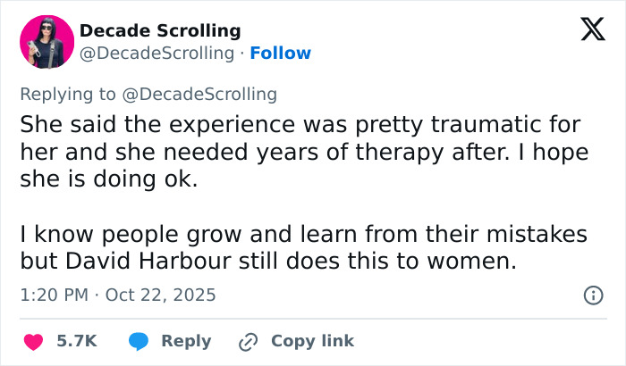 Tweet discussing David Harbour's alleged atrocious interaction with a woman half his age and its traumatic impact on her.