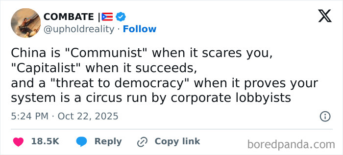 Tweet screenshot highlighting dystopic society themes, discussing political labels and corporate influence fears.